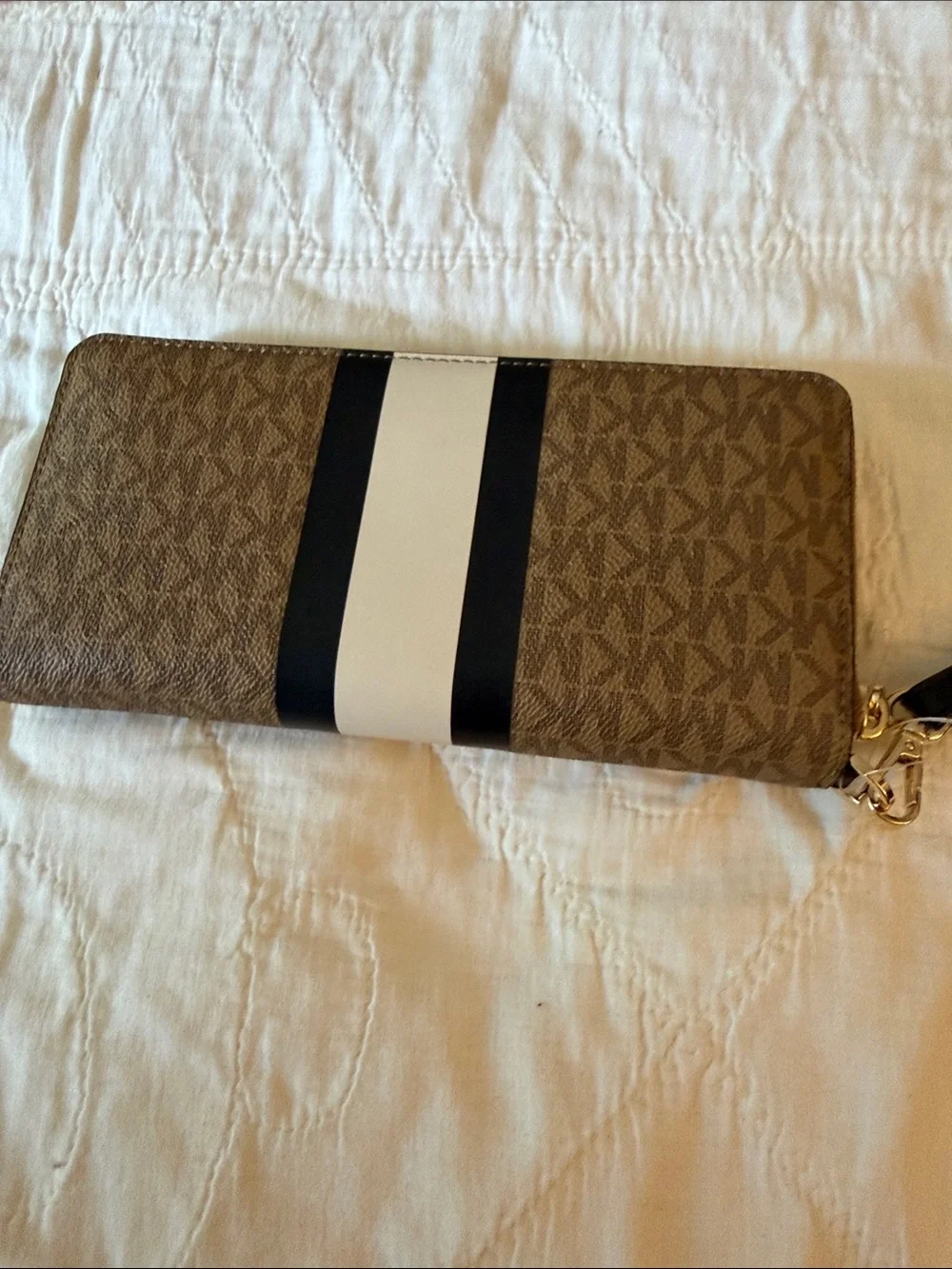Michael Kors Brown Logo Zip Card Holder with Black and Cream Stripe